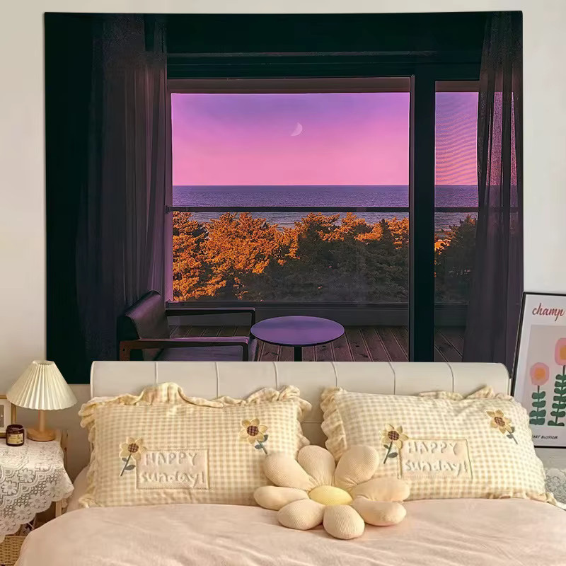 VIKAMA Wandteppich mit Naturlandschaft und Mond als Kunstfenster für deine Raumdekoration, Mehrfarbig - Bild 1