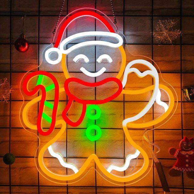 Wanxing Neonschild Winkender Lebkuchenmann als animierte Weihnachts-Wanddekoration mit Flimmer-Design und Dimmfunktion - Bild 1