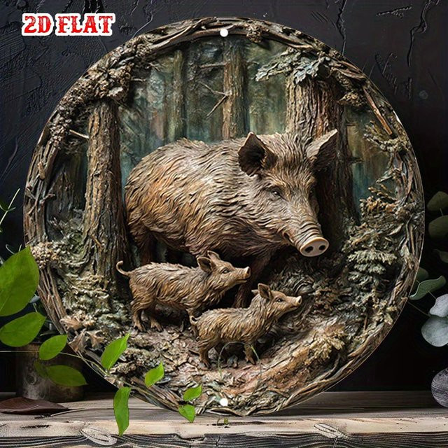 HELLOYOUNG Wildschwein-Familie Metall-Wandkunst rundes Aluminiumschild in Braun für Waldthema und Retro-Dekor - Bild 1