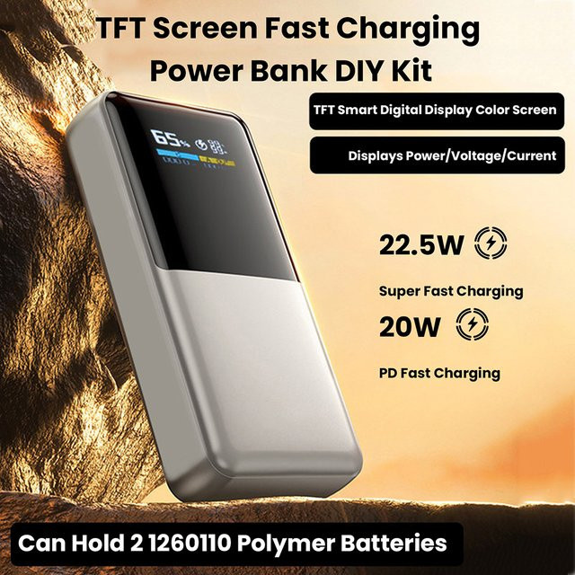 Gaqqee Powerbank DIY-Kit mit 22,5W Schnelllademodul, 0,96-Zoll TFT-Farbdisplay und Unterstützung für PD, QC, SCP und VOOC in Silber - Bild 1