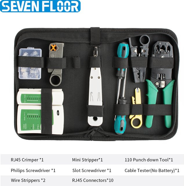 Seven Floor Netzwerk-Kit mit Cat5 RJ45 Crimpzange, Kabeltester, Eintressierwerkzeug, Schraubendreher, Abisolierzange und modularen Steckern in Schwarz - Bild 1