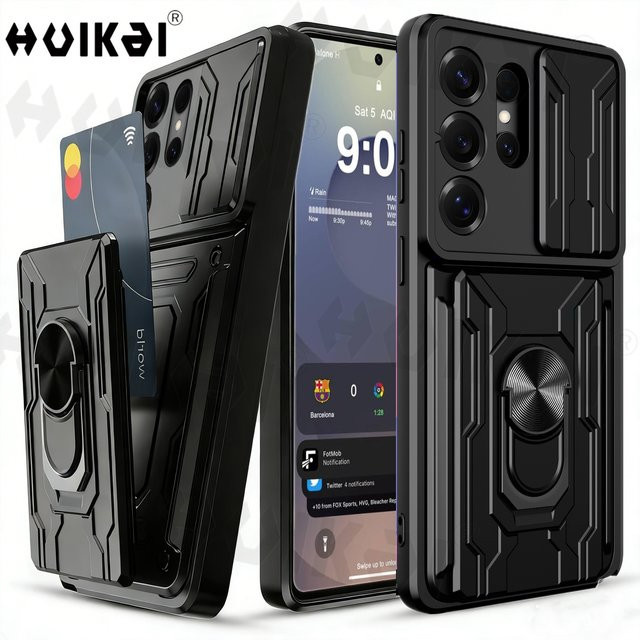 Samsung Brieftaschenhülle mit Kartenhalter und Ständer sowie Schiebe-Kameralinsen-Schutz für Galaxy S26 Ultra S25 Ultra S24 Ultra in Schwarz und Rot - Bild 1