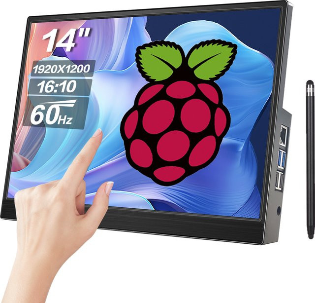 Pisichen 14 Zoll Touchscreen Monitor mit 1920x1200 Auflösung in Schwarz für Raspberry Pi 5 4 3 mit HDMI und USB Schnittstelle - Bild 1