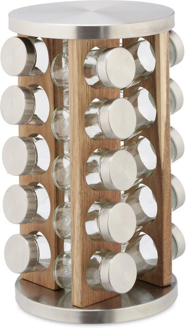 Relaxdays Gewürzkarussell aus Edelstahl und Holz in Silber und Natur mit 20 Gläsern, drehbar, Breite: 34 cm, Tiefe: 19,5 cm - Bild 1