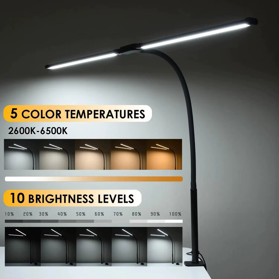 LINYILIGHT LED-Schreibtischlampe mit Doppelkopf in Schwarz, dimmbar mit 5 Farbmodi und USB-Anschluss für Home Office und zum Lesen - Bild 2