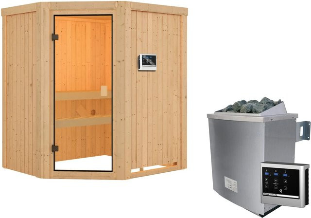 Woodfeeling Sauna Faurin aus Fichte mit 9 kW Elektroofen, externem Steuergerät und bronzierter Glastür, Farbe Braun, B/T/H: 170 x 151 x 198 cm - Bild 1