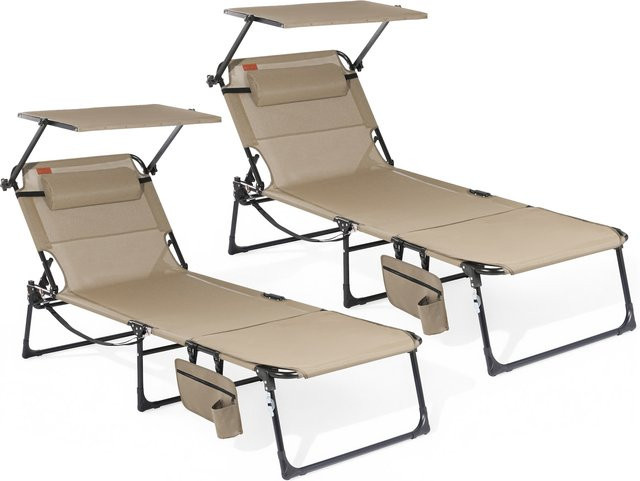 HOMECALL Gartenliege Set mit Sonnendach und Gesichtsöffnung, 2er Set klappbare Sonnenliegen in Beige mit verstellbarer Kopfstütze und pulverbeschichtetem Stahlgestell - Bild 1