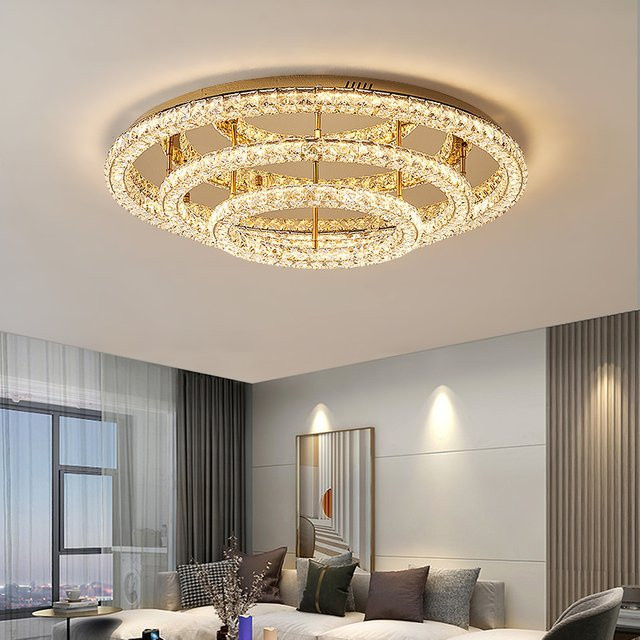 SaloEElaitte Moderner Kristall-Kronleuchter in runder Form, dimmbare LED Deckenleuchte aus Metall für Foyer und Flur, warmweiß, in Silber oder Gold/Messing - Bild 1
