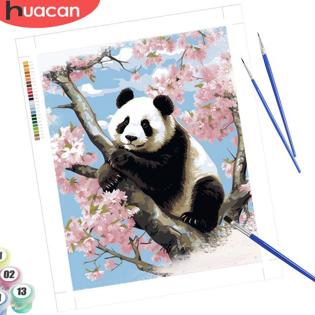 HUACAN Malen nach Zahlen Set Panda und Blumen auf Leinwand für Erwachsene, Mehrfarbiges Motiv mit botanischen Elementen - Bild 1