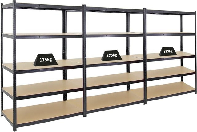 PROREGAL 3er Set Schwerlastregal Taurus Schwarz mit verstellbaren Fachböden aus MDF und Metall, H x B x T: 180 x 120 x 60 cm - Bild 1