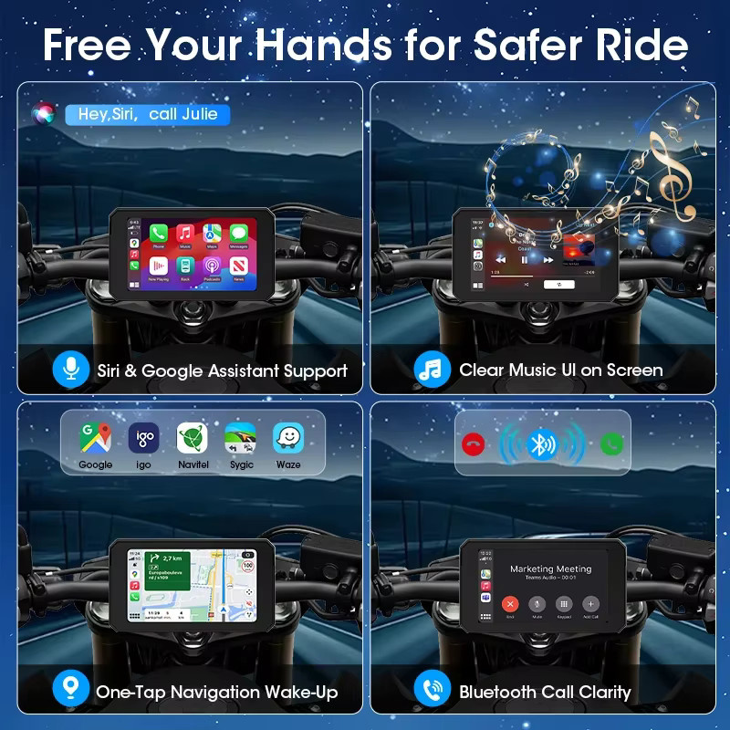 srnubi Tragbares 5-Zoll Motorrad-Navigationsgerät mit GPS, kabellosem CarPlay und Android Auto, Bluetooth, Moto-Monitor, TPMS-Unterstützung und IPX7 wasserdichtem Display in Schwarz - Bild 4