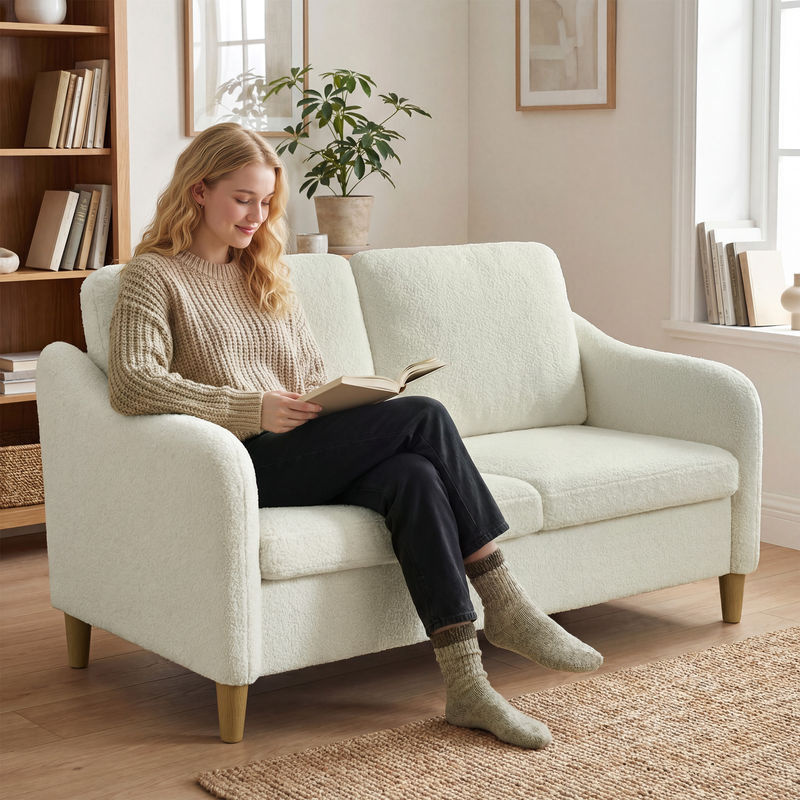 HOMCOM 2-Sitzer Sofa in Cremeweiß mit Sherpa-Fleece-Optik und Holzbeinen aus Eukalyptus, Modernes Polstersofa mit Schaumstoffpolsterung, Breite: 137 cm - Bild 2