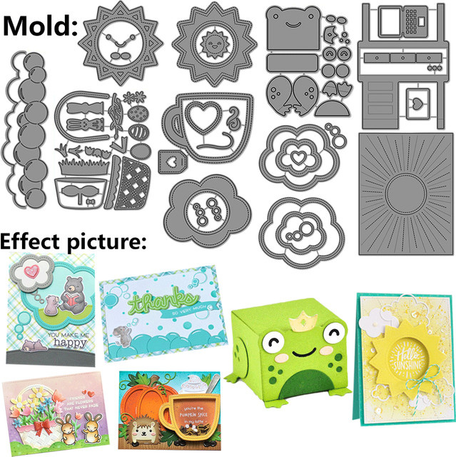 Silberne Metall-Stanzformen mit Sonne, Frosch, Tasse und Wolkenmuster für Scrapbooking und DIY-Bastelarbeiten - Bild 1