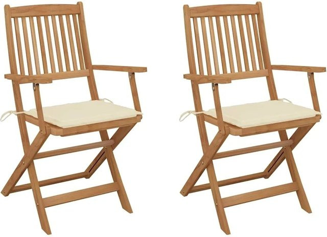 vidaXL Set aus 2 klappbaren Gartenstühlen aus geöltem Akazienholz mit Kissen in Creme und Weiß - Bild 1