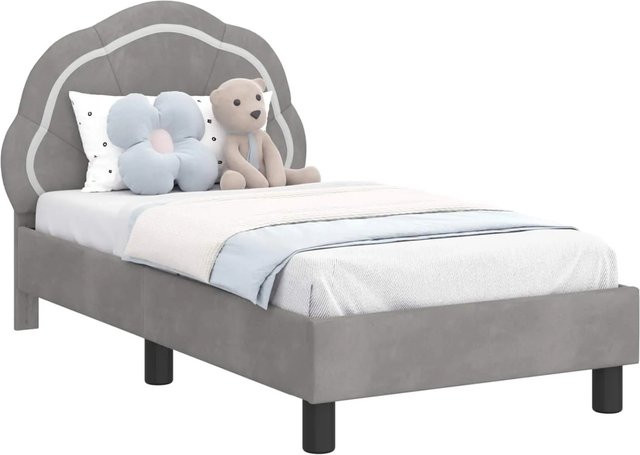 vidaXL Kinderbettgestell mit Kopfteil aus Samt und Holzwerkstoff in Hellgrau, B/T: 70 x 140 cm - Bild 1