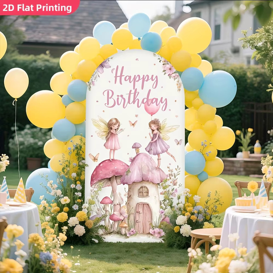 VIKAMA Feen-Pilzhaus Bogenhintergrund mit Schmetterlingen und Blumen, Stretch-Banner für Mädchen-Geburtstagspartys, Mehrfarbig, Breite: 120 cm, Höhe: 50 cm - Bild 3