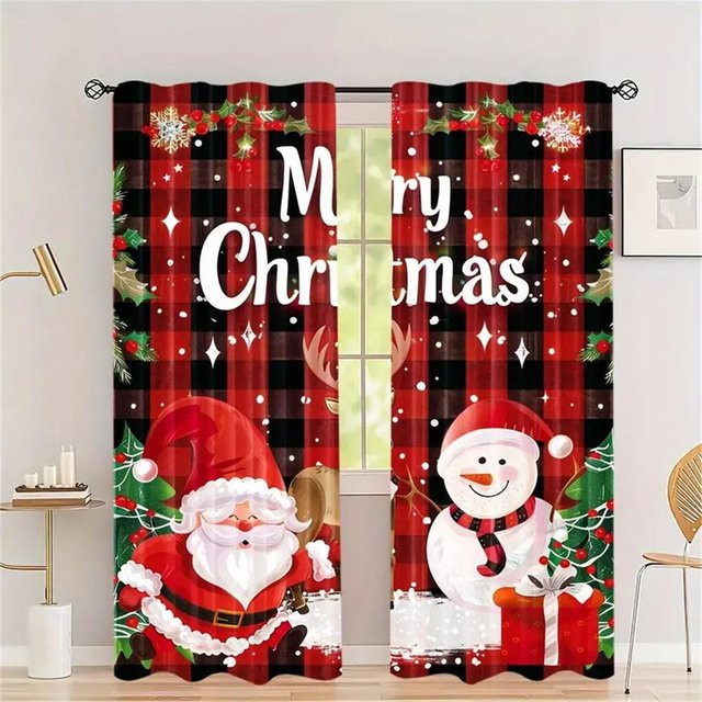 2er Set Weihnachtsvorhänge mit goldenen kleinen Glocken in Rot und Gold aus Polyester, halbtransparent, Breite: 65 cm, Höhe: 60 cm - Bild 1