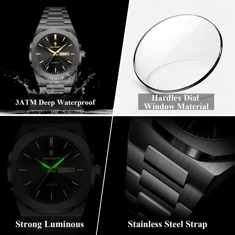 POEDAGAR Armbanduhr, Quarz, Edelstahl, Schwarz, Silber, Herren - Bild 4