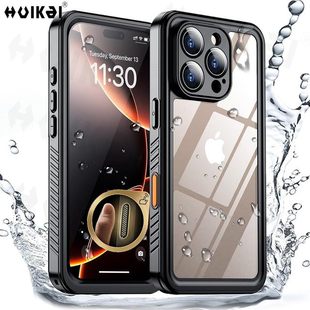 Wasserdichte Schutzhülle für iPhone 16 Pro Max, 15 Pro Max, 14 Pro Max und weitere Modelle mit IP68 Zertifizierung, Staubdichter Ganzkörper-Schutz, Farbe: Schwarz - Bild 1
