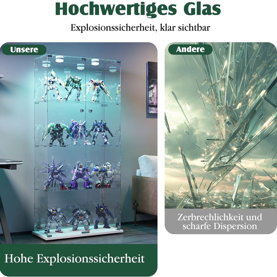 Rosahqnda Glasvitrine mit LED-Beleuchtung und Doppeltür, 4-stöckiger Variationsschrank aus Glas in Black-Pat Light und Transparent - Bild 4