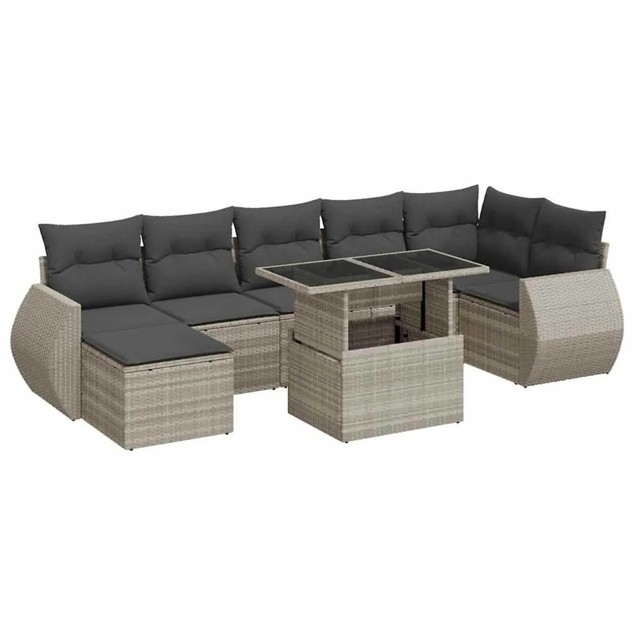 vidaXL 8-tlg. Garten-Sofagarnitur in L-Form mit Kissen und Couchtisch, Hellgrau, Poly-Rattan und Metallrahmen - Bild 2
