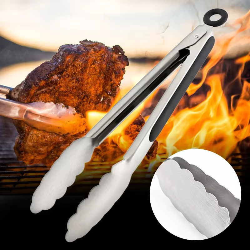 Edelstahl BBQ Grillzange in Silber zum Servieren von Grillgut und Lebensmitteln mit rutschfestem Griff - Bild 5