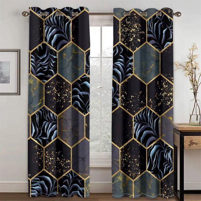 Yiran Furniture 2er Set Fenstervorhänge mit abstraktem geometrischem Ombre Design in Grün und Gold, halbtransparent, Polyester, B: 100 cm, H: 160 cm - Bild 1