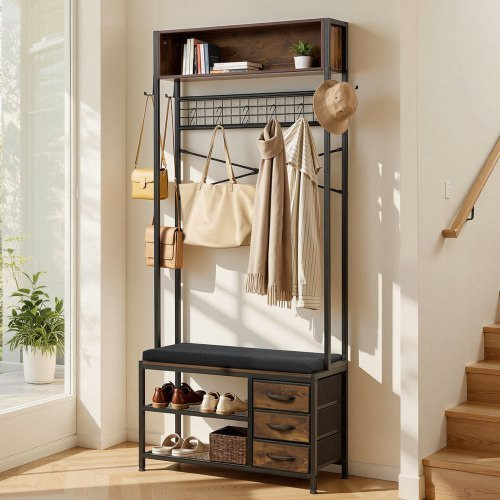 VEVOR Hall Tree Garderobenständer in Schwarz mit Schuhbank, 3 Schubladen und Bücherablage, B/T/H: 80 x 30 x 180 cm - Bild 1