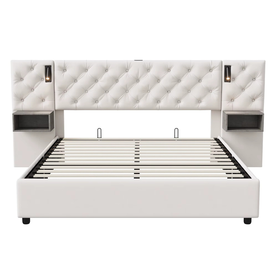 FANGANGE Samtbett in Beige mit Stauraum, gepolstertes Bettgestell mit extra breitem Kopfteil, integrierten Nachttischen, Leselampen und hydraulischer Lift-up-Basis, B/T/H: 160 x 200 cm - Bild 3