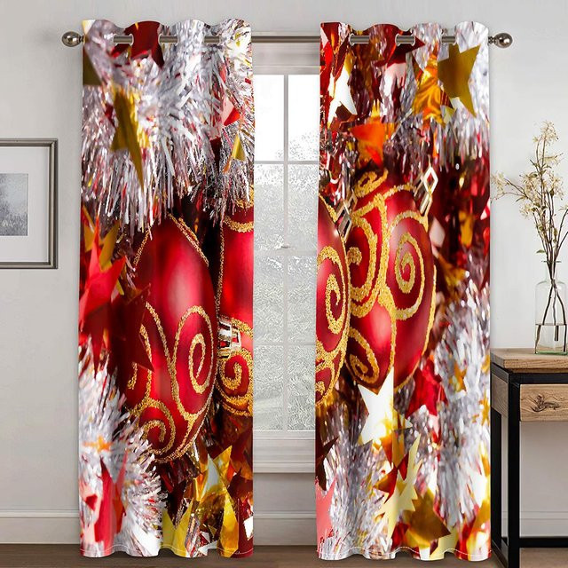 Yiran Furniture Weihnachtsvorhänge mit Cartoon Santa Claus und Weihnachtsbaum in Rot und Gold, 2er-Set mit Ösen, Breite: 50 cm, Höhe: 130 cm - Bild 1