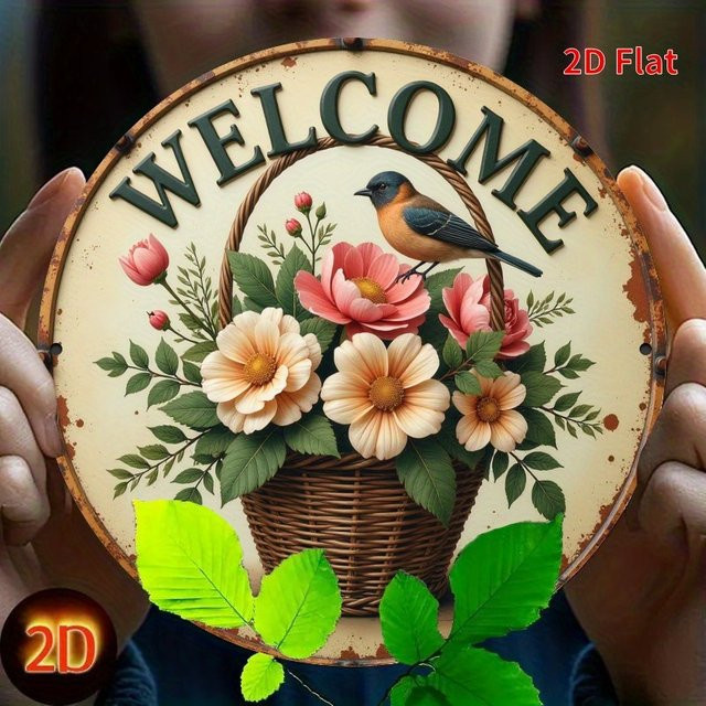 Rustikales Vintage-Willkommensschild von Potdemiel, runde Wanddekoration aus Metall mit Blumenkorb und Vogeldesign, Mehrfarbig, Durchmesser: 20,32 cm - Bild 1