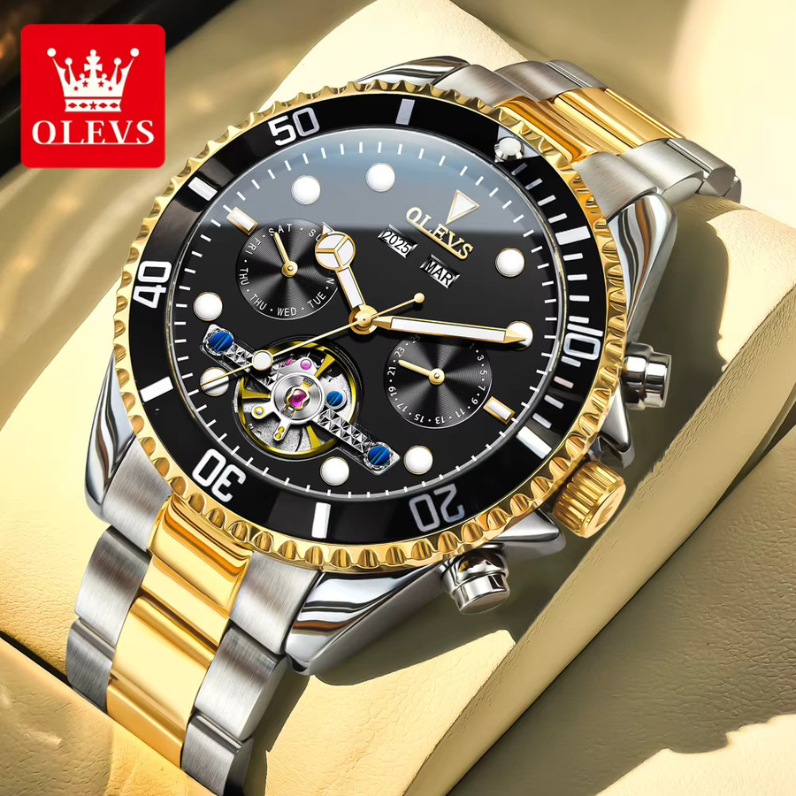 OLEVS Armbanduhr Automatik, Edelstahl, Schwarz, Gold, Herren - Bild 3