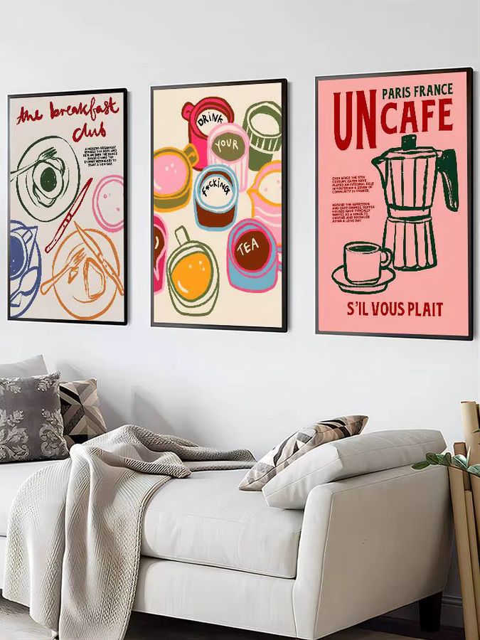 Retro Poster Coffee Shop Nachmittagstee Croissant Kaffeetasse Kunstmalerei aus Papier in Multicolor - Bild 4