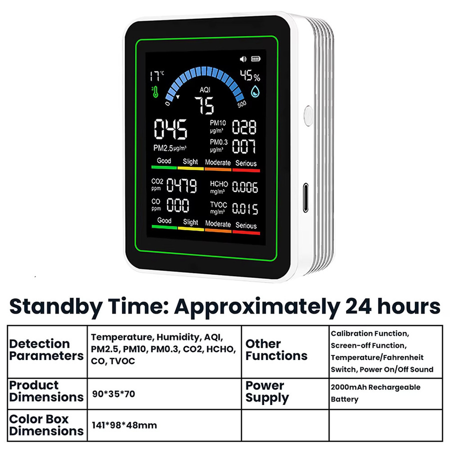 Aideepen 10-in-1 Luftqualitätsmonitor in Schwarz: CO CO2 PM2,5 PM0,3 PM1,0 Formaldehyd-Detektor sowie Temperatur- und Feuchtigkeitstester - Bild 4