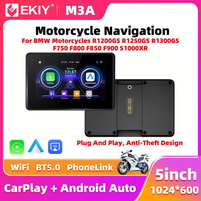 EKIY 5,0 Zoll Tragbarer Digitaler Motorrad Dashboard GPS Navigationsbildschirm mit Drahtlosem CarPlay und Android Auto für BMW R1200GS R1250GS, Schwarz - Bild 1