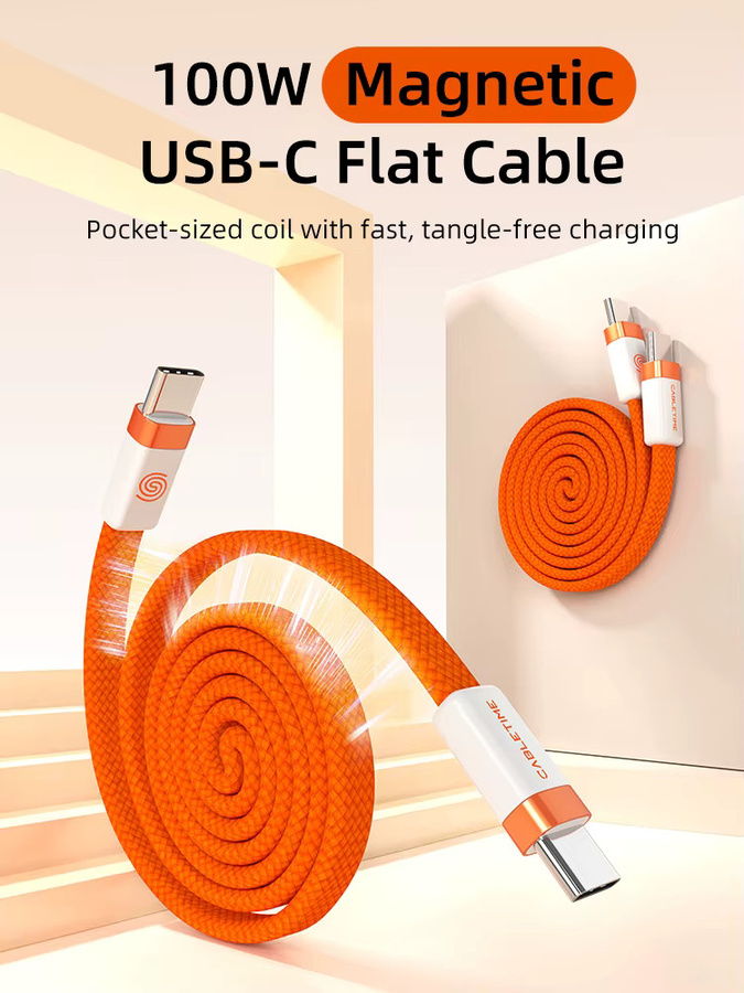 CABLETIME USB-C Flachkabel Magnetisch, PD 100W, 480Mbps Hochgeschwindigkeitsübertragung, Orange - Bild 5