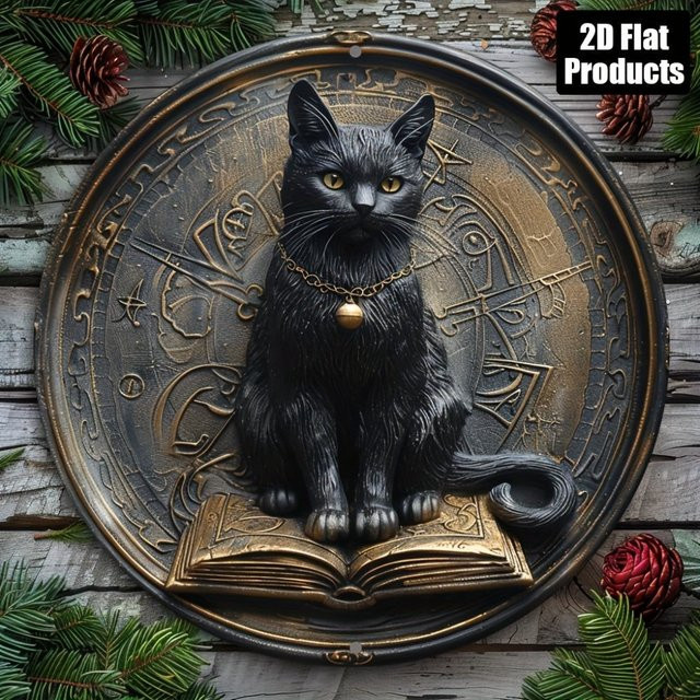 Rundes Aluminium-Deko-Schild von CIFBUY mit Vintage schwarzer Katze und Buch Design, Durchmesser: 20,32 cm - Bild 1