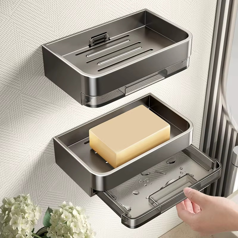 YUNJIEYA Seifenhalter aus Aluminiumlegierung mit Wasserablauf für das Badezimmer, Wandmontage ohne Bohren, Schwarz oder Weiß - Bild 2