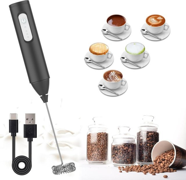 JIZHOU MINI Milchaufschäumer USB wiederaufladbar in Schwarz mit 3 Geschwindigkeiten als elektrischer Schaumbereiter und Kaffee-Mixer - Bild 1