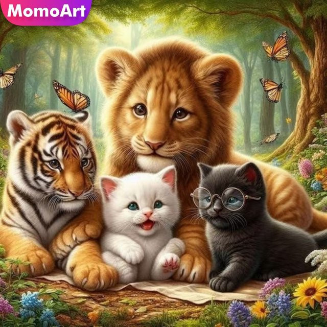 Momoart Diamant-Gemälde Löwe und Tiger als Diamant-Mosaik Set in Multicolour für Anfänger zur Heimdekoration - Bild 1
