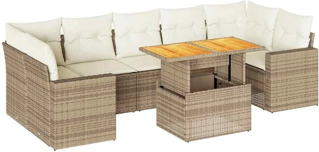 vidaXL 8-tlg Garten-Sofagarnitur in L-Form aus Poly-Rattan und Akazienholz mit Kissen in Beige-Creme - Bild 1
