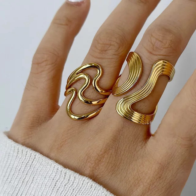 LATS Ringe Edelstahl, Gold, Unregelmäßige Welle, Unisex - Bild 1