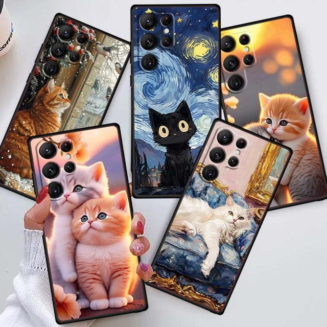 Handyhülle mit Cartoon-Katzen-Illustration für Samsung Galaxy S26 S25 S24 S23 S22 S21 S20 Ultra Plus FE 5G in Schwarz aus weichem TPU - Bild 1