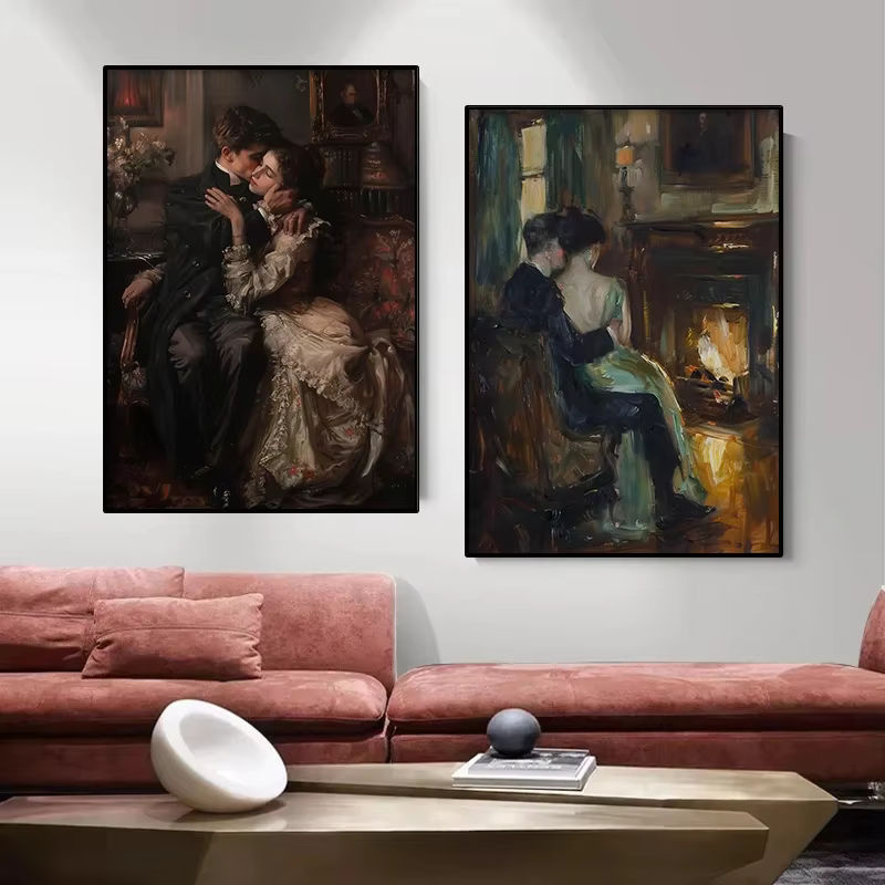Vintage Leinwandgemälde Potdemiel Braut und Bräutigam Romantisches Paar in küssender Szene als mehrfarbige Wandkunst für dein Zuhause - Bild 3