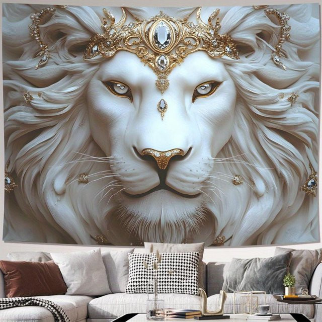 Luxuriöser Löwenkopf-Wandteppich von JMG Household Supplies in Weiß, Gold und Beige, moderner Textil-Wandbehang mit Tier-Motiv, Breite: 100 cm, Höhe: 150 cm - Bild 1