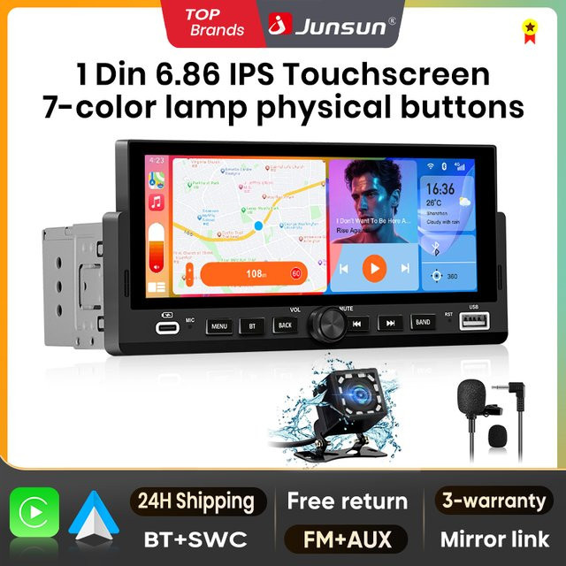 Junsun 6,86 Zoll Universal 1 Din Autoradio mit MP5-Player, Carplay, Android Auto, Bluetooth und USB-Aufladung in Schwarz - Bild 1