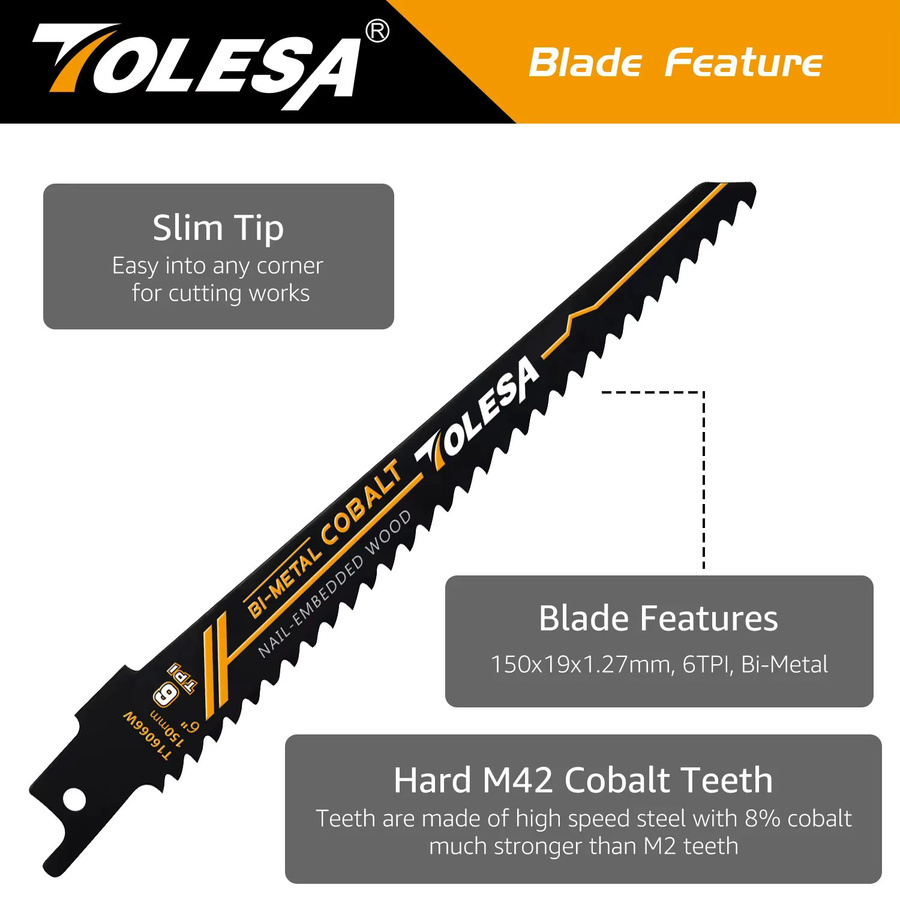 Tolesa 5-teiliges Sägeblatt-Set für Stichsägen aus Bimetall mit Kobalt für Holzfenster und Türen, 6 TPI, Schwarz - Bild 2