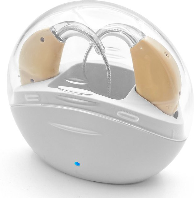 XceeFit Wiederaufladbares kabelloses Hörgerät für ältere Menschen, magnetischer Lade-Tonverstärker in Weiß und Beige - Bild 1