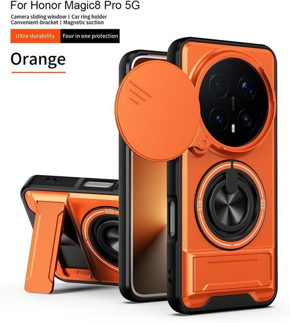 2-in-1 Schutzhülle für Honor Magic 8 Pro 7 6 Lite X9d X9c X9B X6c X7B mit integrierter magnetischer Autohalterung und Ringhalterung in Orange - Bild 1