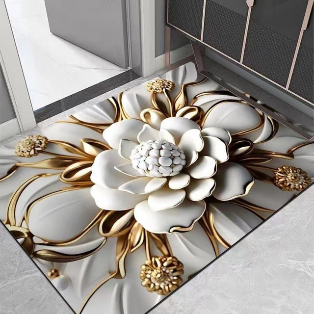 VIKAMA Light Luxury Lotus Badezimmerteppich in Weiß, wasserabsorbierende und rutschfeste Bodenmatte mit floralem Design - Bild 1